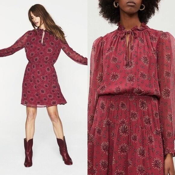 BA&SH Rose Tie Neck Long Sleeve Mini Dress Size 1 - Picture 1 of 7